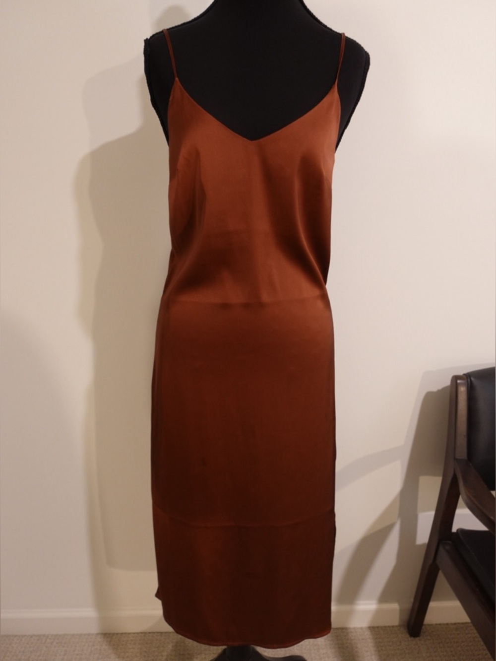 Satin Slip Midi Dress — Deep Rust Brown